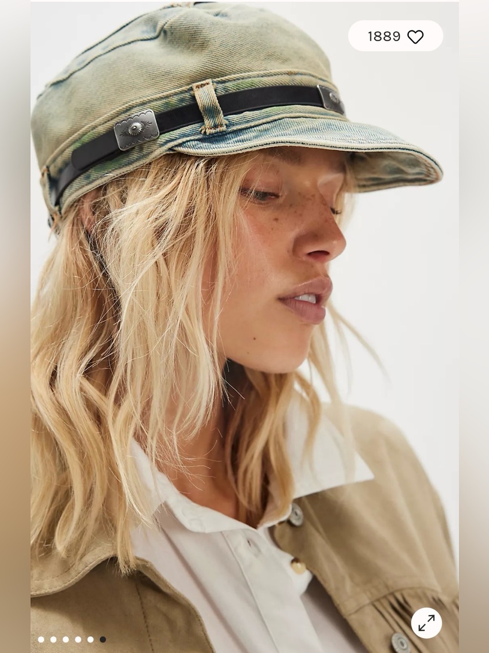 Free People Washed Denim Cadet Hat Women's Western Leather Band Blue NWT